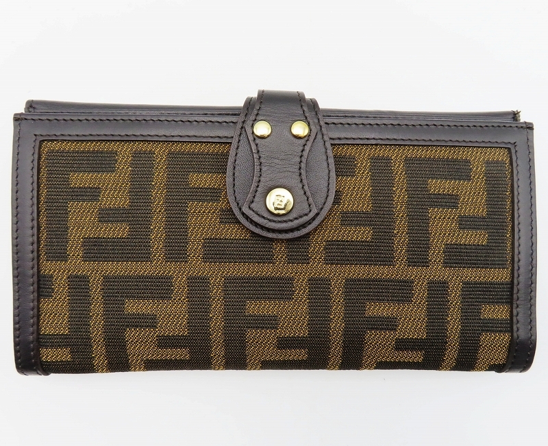 S10 美品 FENDI フェンディ ズッカ キャンバス/レザー Wホック長財布 ブラウン