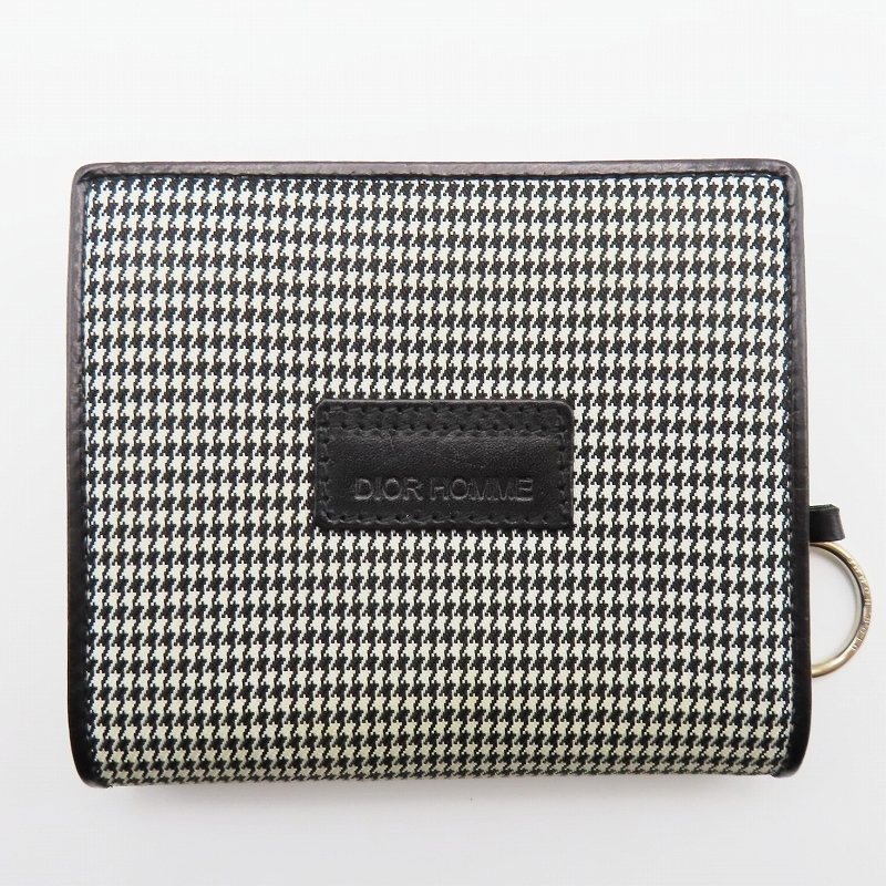 M10 DIOR HOMME ディオールオム 千鳥柄 キャンバス/レザー ラウンド コンパクトウォレット 財布 グレー/ブラック