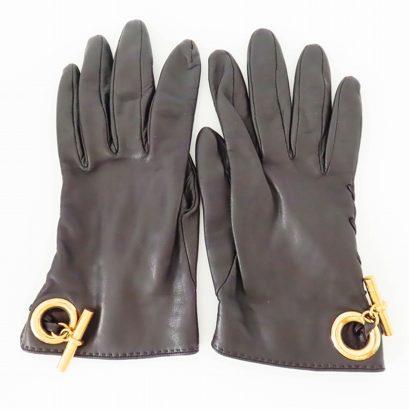 M10 HERMES エルメス シェーヌダンクル レザ― グローブ 手袋 7 ブラック/ゴールド