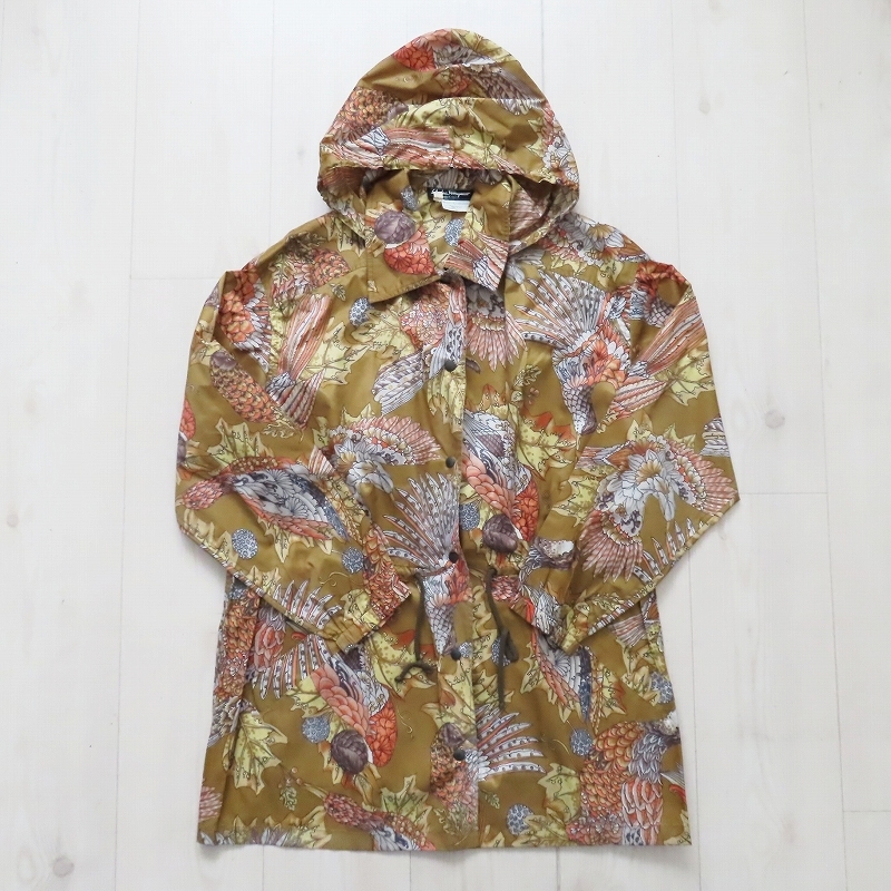 M10 Salvatore Ferragamo サルヴァトーレフェラガモ 鳥/花柄 総柄 ポリエステル フード付き ジャケット コート M チャ