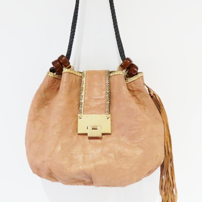 M12-k046 JIMMY CHOO ジミーチュウ フリンジ レザー/パイソン型押しレザ―トートバッグ ベージュ/ブラウン/ブラック