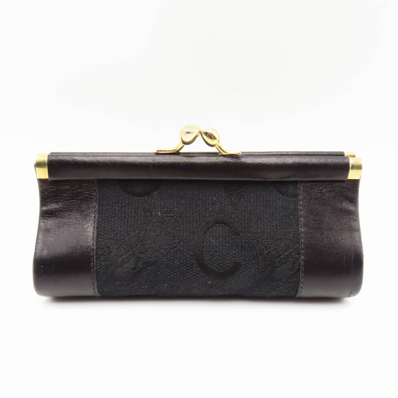 M12-k034 CELINE セリーヌ Cマカダム 馬車柄 キャンバス/レザ― がま口コインケース ブラック