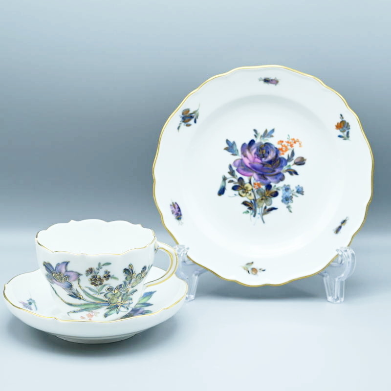 M02-t035 Meissen マイセン カップ/ソーサー/ケーキプレート まとめ クロッカス/立金花/バラ フラワー/昆虫 金彩
