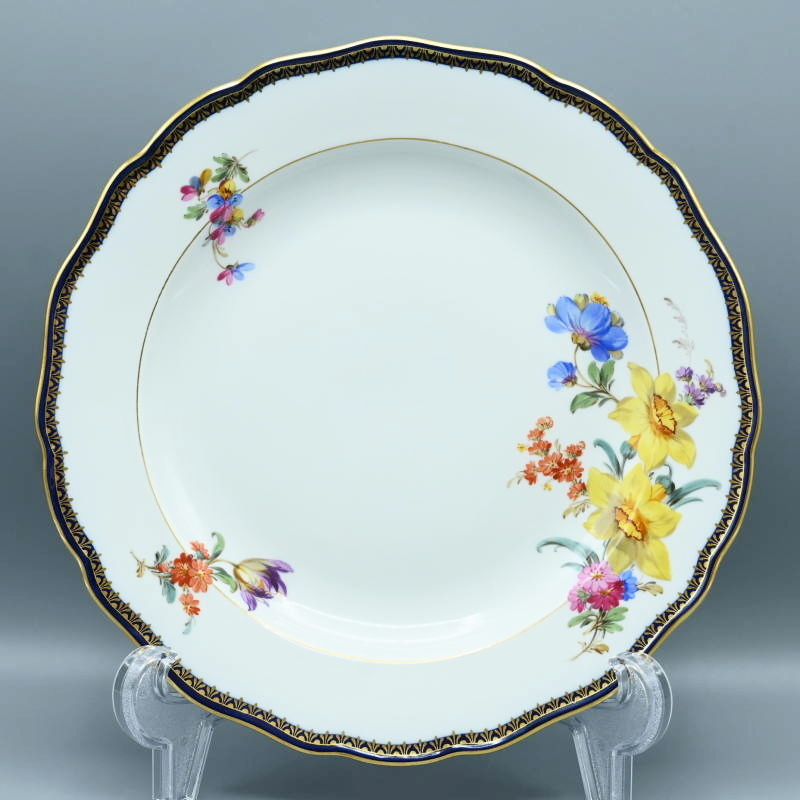 M02-t032 Meissen マイセン Aカンテ ベーシックフラワー 五つ花 スイセン プレート 大皿 約25cm コバルト 金彩 一級品