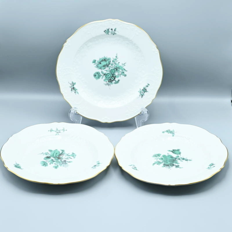 M02-t046 Meissen マイセン ワトーグリーン ディナープレート 約25cm 3枚まとめ ノイマルセイユレリーフ ベーシックフラワー 金彩 一級品