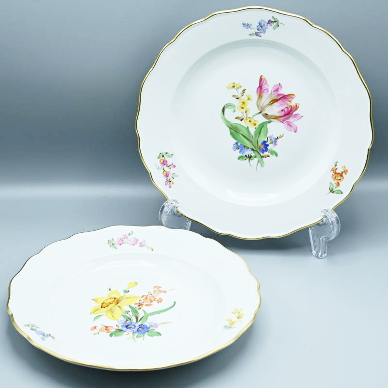 M02-t044 Meissen マイセン ベーシックフラワー 三つ花 ディナープレート 約25.5cm 2枚まとめ スイセン/チューリップ 金彩 一級品