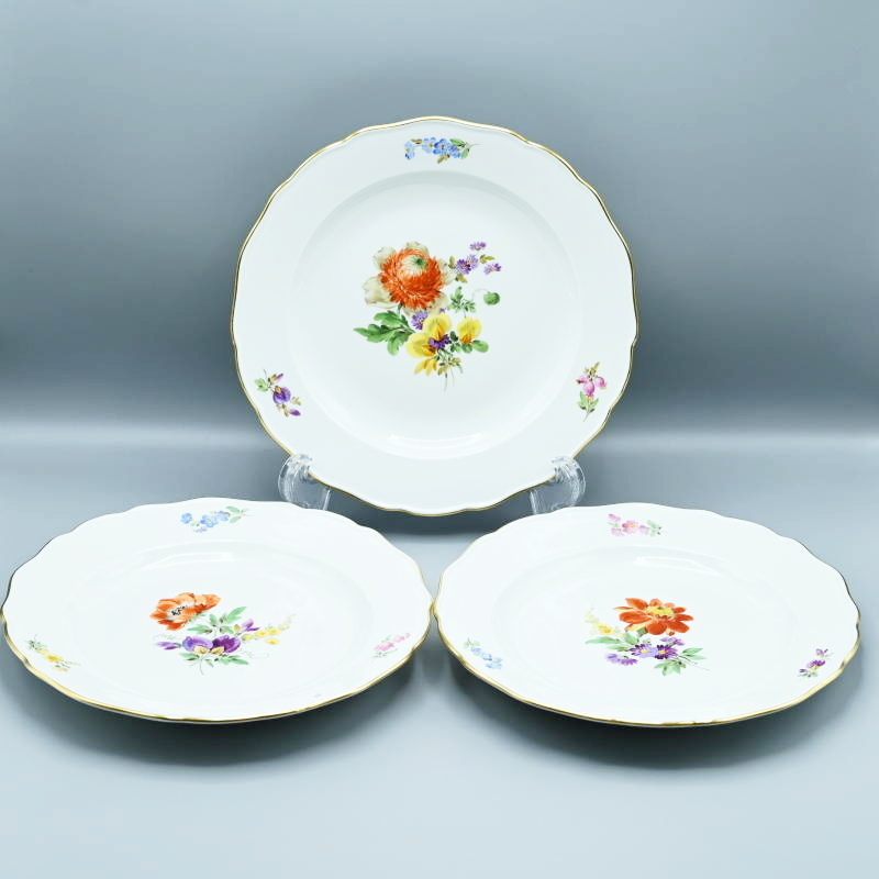 M02-t041 Meissen マイセン ベーシックフラワー 三つ花 ディナープレート 約25.5cm 3枚まとめ ケシ/キンポウゲ/マリーゴールド 金彩 一級品