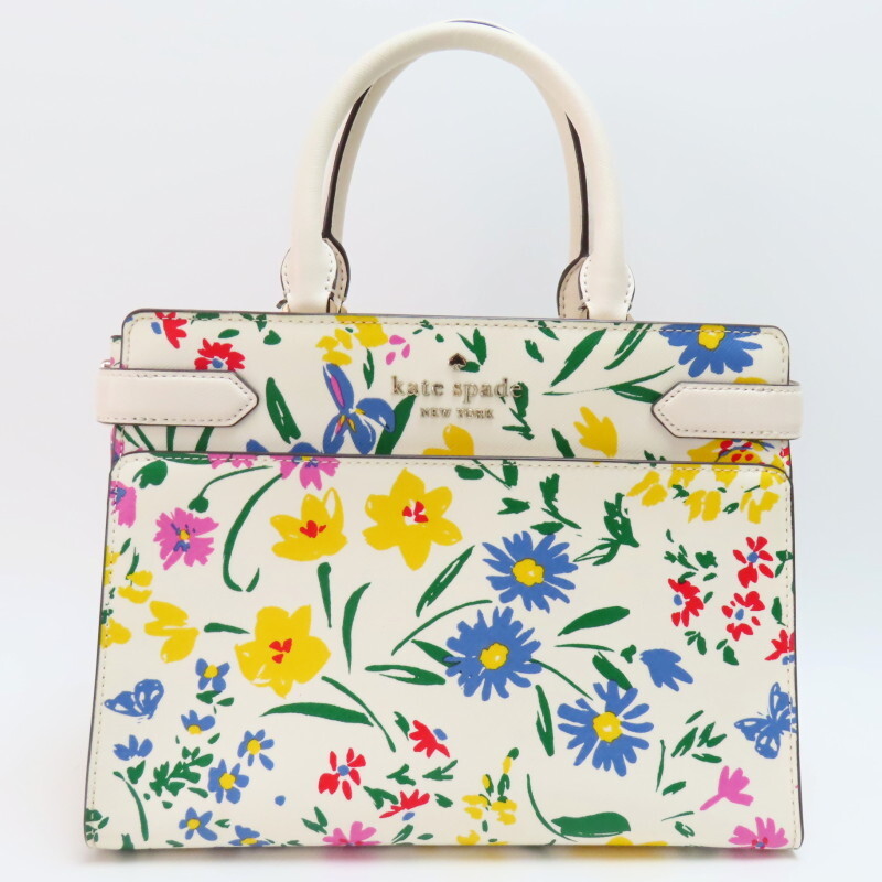 K03-k023 Kate spade ケイトスペード フラワー柄 PVC/レザ― ハンドバッグ ホワイト/マルチカラー