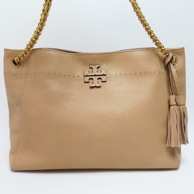 M04-k145 TORY BURCH トリーバーチ ロゴ フリンジチャーム レザー チェーントートバッグ ショルダーバッグ チャ