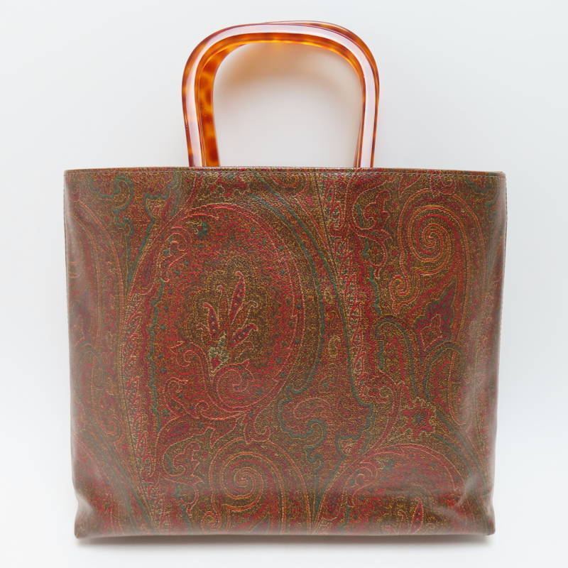M04-k138 ETRO エトロ ペイズリー柄 Eロゴ べっ甲柄 プラスチックハンドル PVC ポーチ付き ハンドバッグ ブラウン