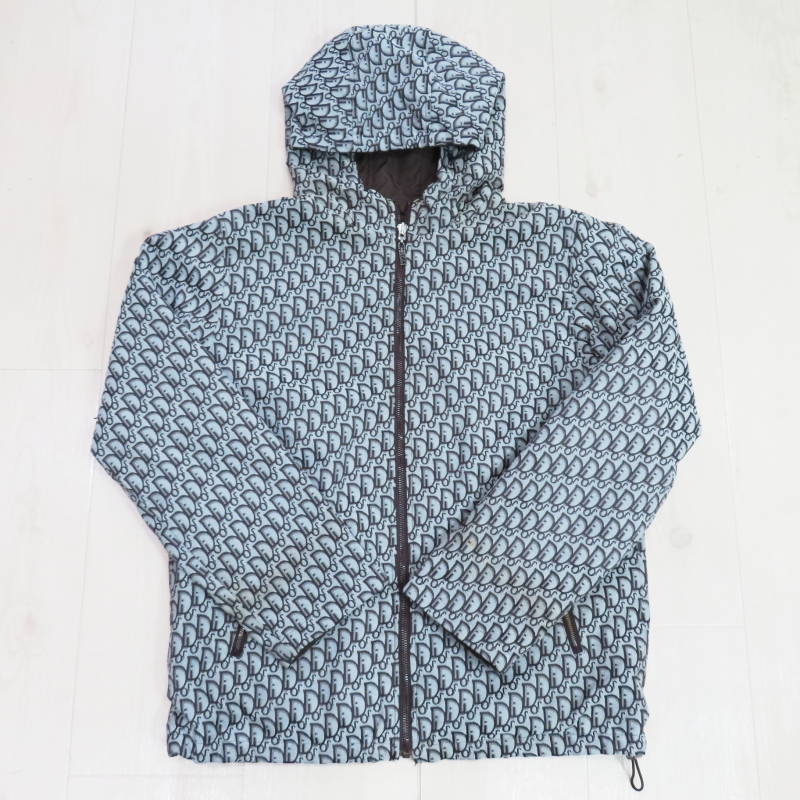 S04-k163 Christian Dior トロッター ポリエステル/コットン リバーシブル ジッパー フード ジャケット グレー/ブラウン