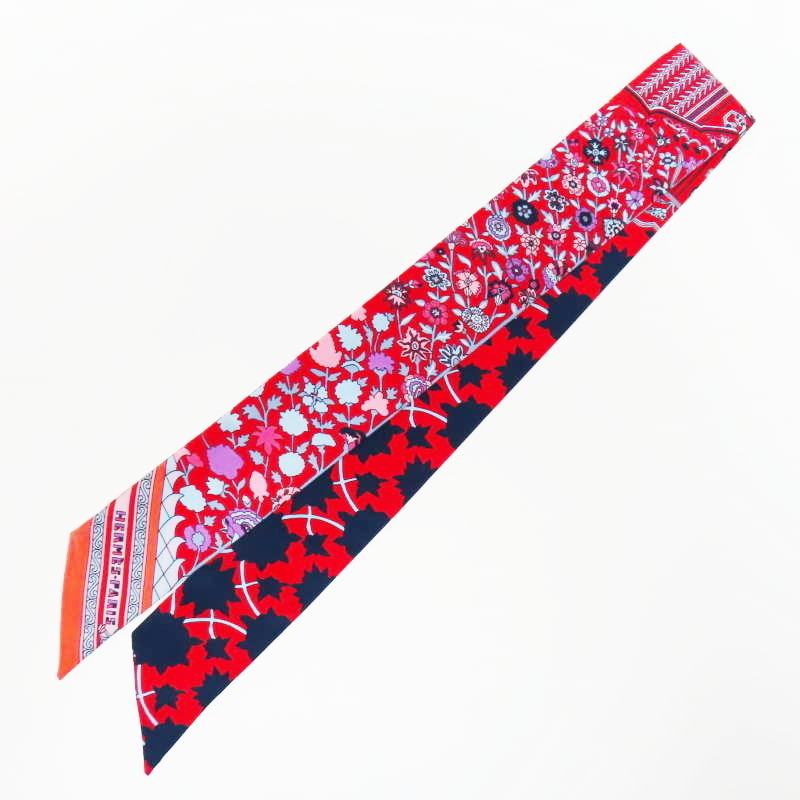 T05-k034 HERMES Tapis Persans エルメス ペルシャ絨毯 シルク ツイリースカーフ レッド/ネイビー