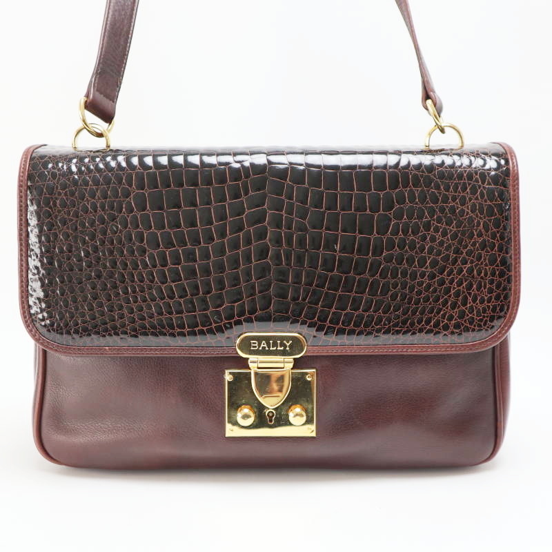 M05-k050 BALLY バリー フラップ クロコ型押し/レザ― ショルダーバッグ ブラウン