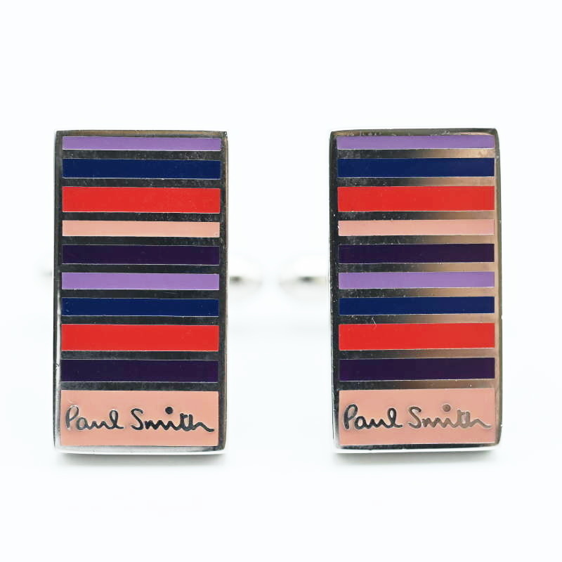 T05-k015 Paul Smith ポールスミス ストライプ メタル カフスボタン カフリンクス シルバー/マルチカラー