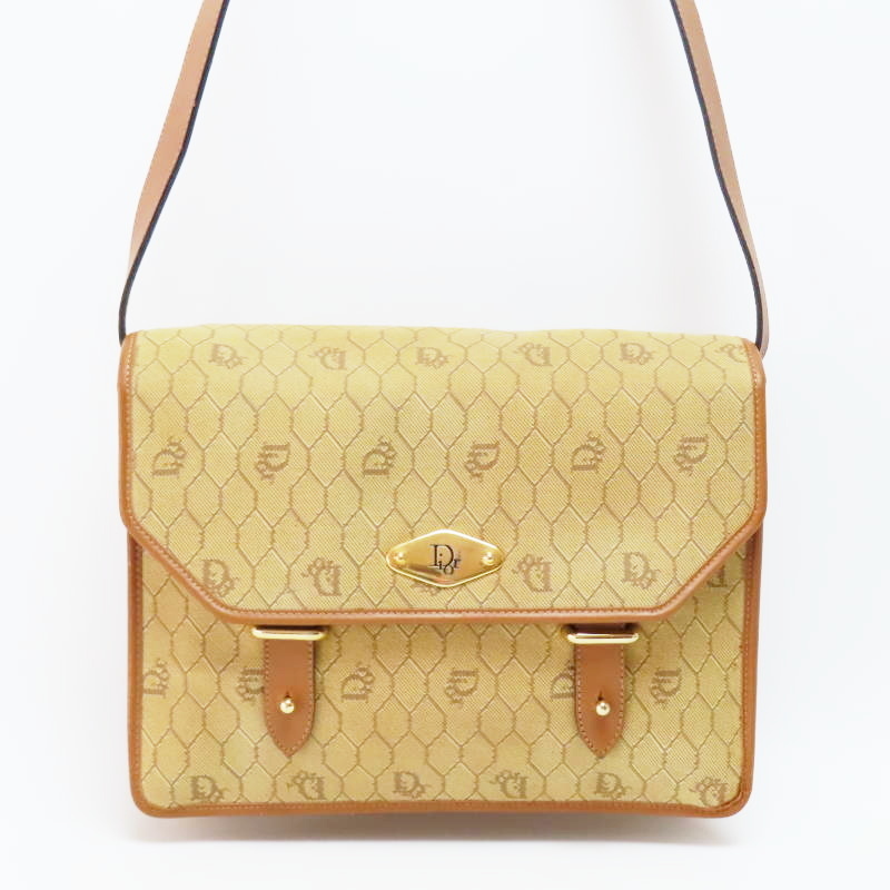M05-k088 Christian Dior クリスチャンディオール ハニカム柄 キャンバス/レザー ショルダーバッグ ベージュ