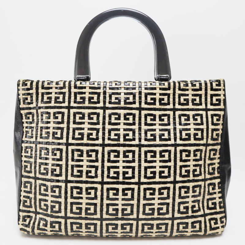 M06-k006 GIVENCHY ジバンシー ロゴ総柄 編込みレザー/プラスチックハンドル ハンドバッグ トートバッグ ベージュ/ブラック