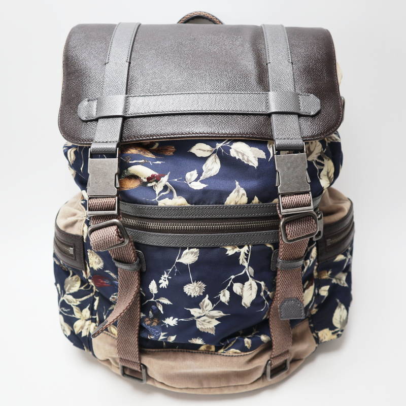 DOLCE＆GABBANA ドルチェ＆ガッバーナ フラワー柄 キャンバス/レザ― バックパック リュック ネイビー/ベージュ/グレー S07-k028