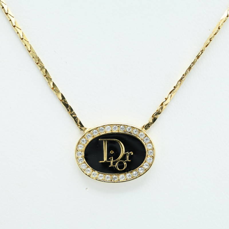 Christian Dior クリスチャンディオール ロゴ ラインストーン GP/エナメル ネックレス ゴールド/ブラック S07-k094