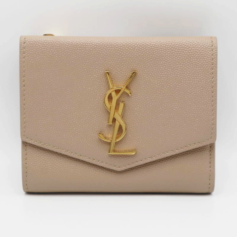 ＳAINT LAURENT サンローラン エンボスレザ― アップタウン コンパクトウォレット 二つ折り財布 ベージュ/ゴールド M08-k028