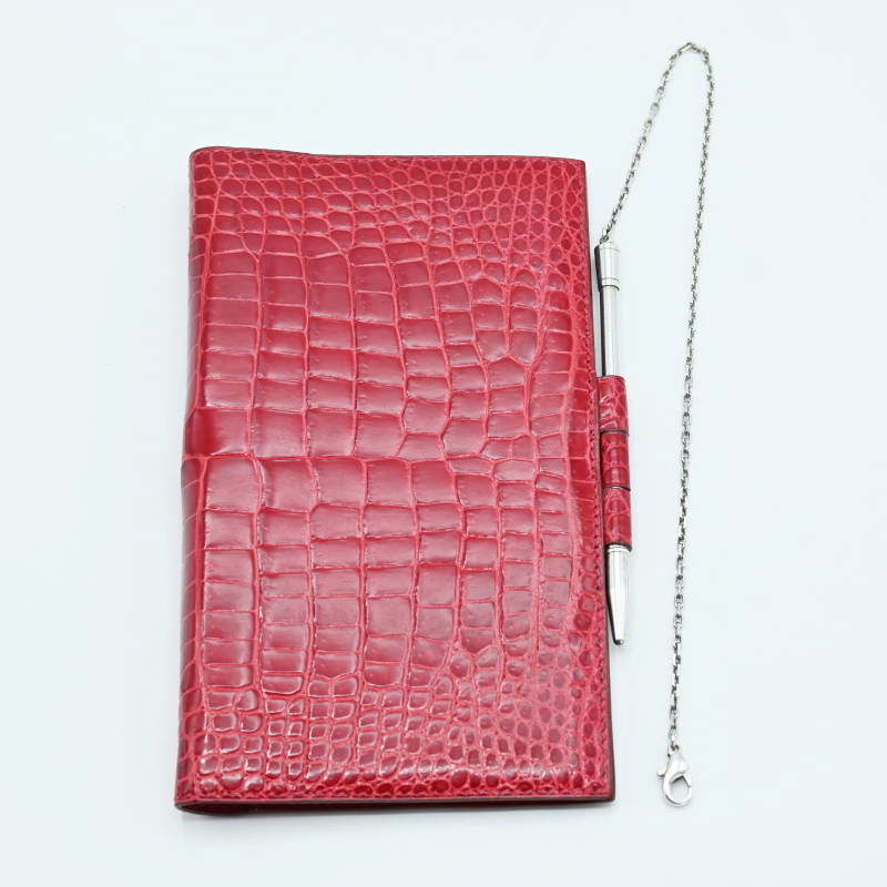 HERMES エルメス ポロサス クロコダイル アジェンダ 手帳カバー/SV925ボールペン レッド/シルバー 筆記確認済み M08-k033