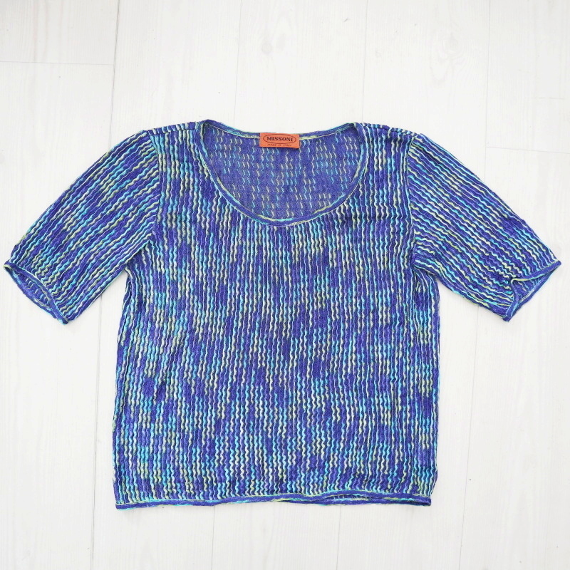 MISSONI ミッソーニ ストライプ レーヨン ニット 半袖 カットソー 44 ネイビー K08-k051