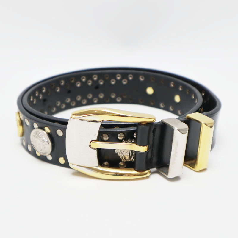 GIANNI VERSACE ジャンニヴェルサーチ メデューサスタッズ レザ― レディース ベルト 65/25 ブラック/ゴールドxシルバー M08-k129