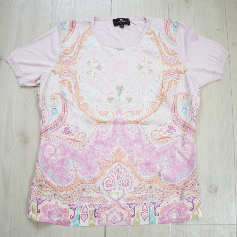 ETRO エトロ ペイズリー柄 レーヨン/シルク ニット 半袖 カットソー 44 ピンク K08-k065