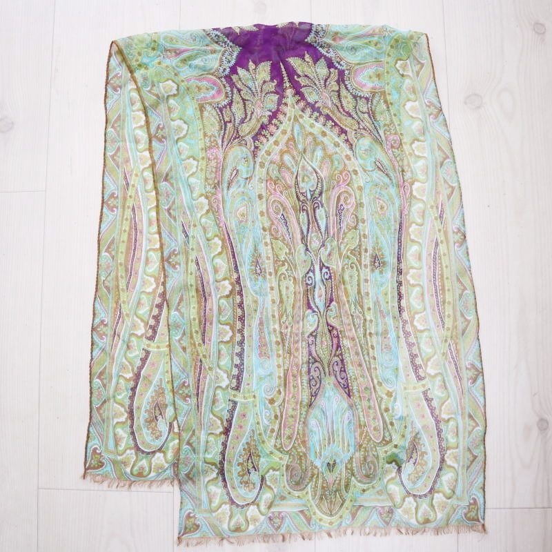 ETRO エトロ ペイズリー柄 シルク シースルー スカーフ ストール グリーン M08-k124