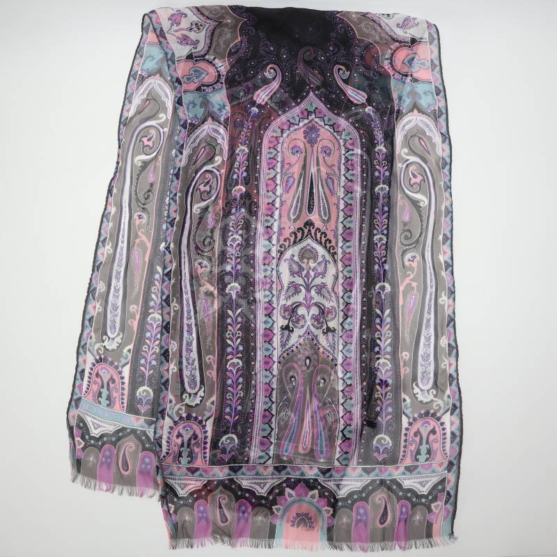 ETRO エトロ ペイズリー柄 シルク シースルー スカーフ ストール パープル M08-k123