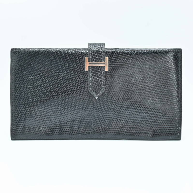 HERMES エルメス ベアン リザード 二つ折り 長財布 ブラック M09-k011
