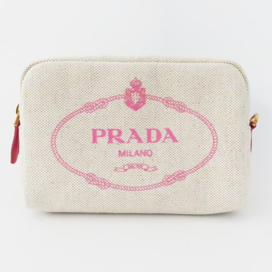 T09 PRADA プラダ ロゴプリント キャンバス/レザー メイクポーチ 小物入れ ベージュ/ピンク