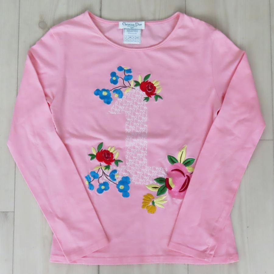 S10 Christian Dior クリスチャンディオール NO1 トロッター ロゴ フラワー刺繍 ロングTシャツ F38 ピンク