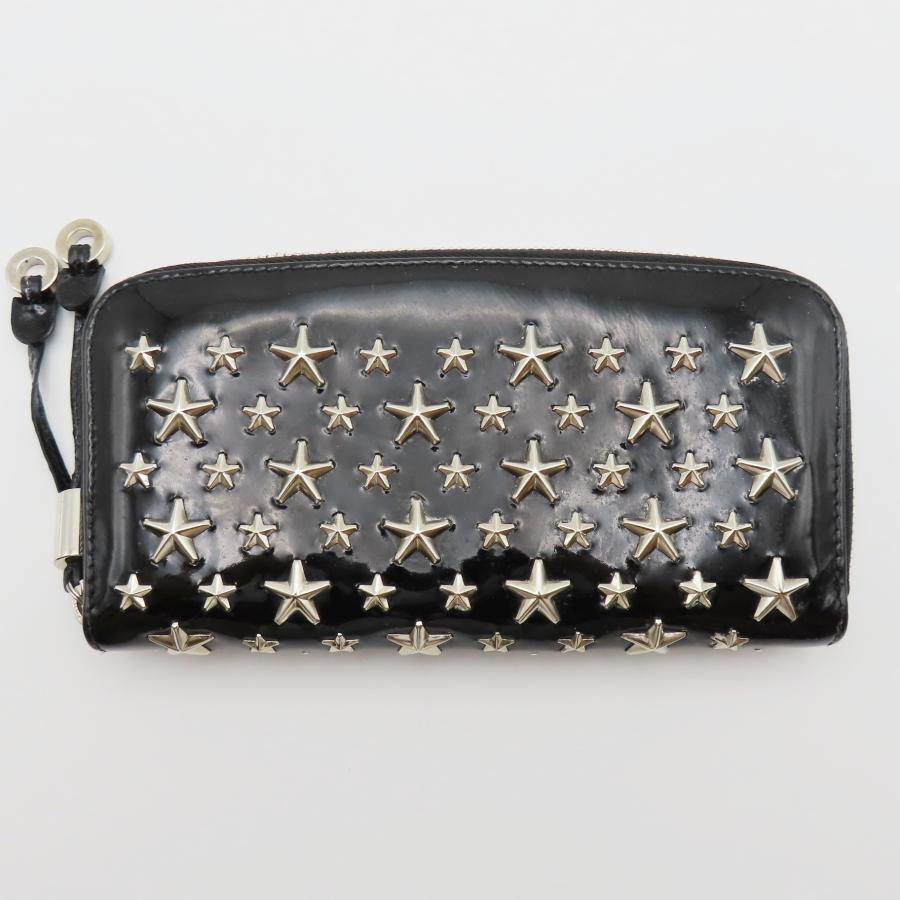 M11 JIMMY CHOO ジミーチュウ スタースタッズ エナメルレザーラウンドファスナー長財布 ブラック