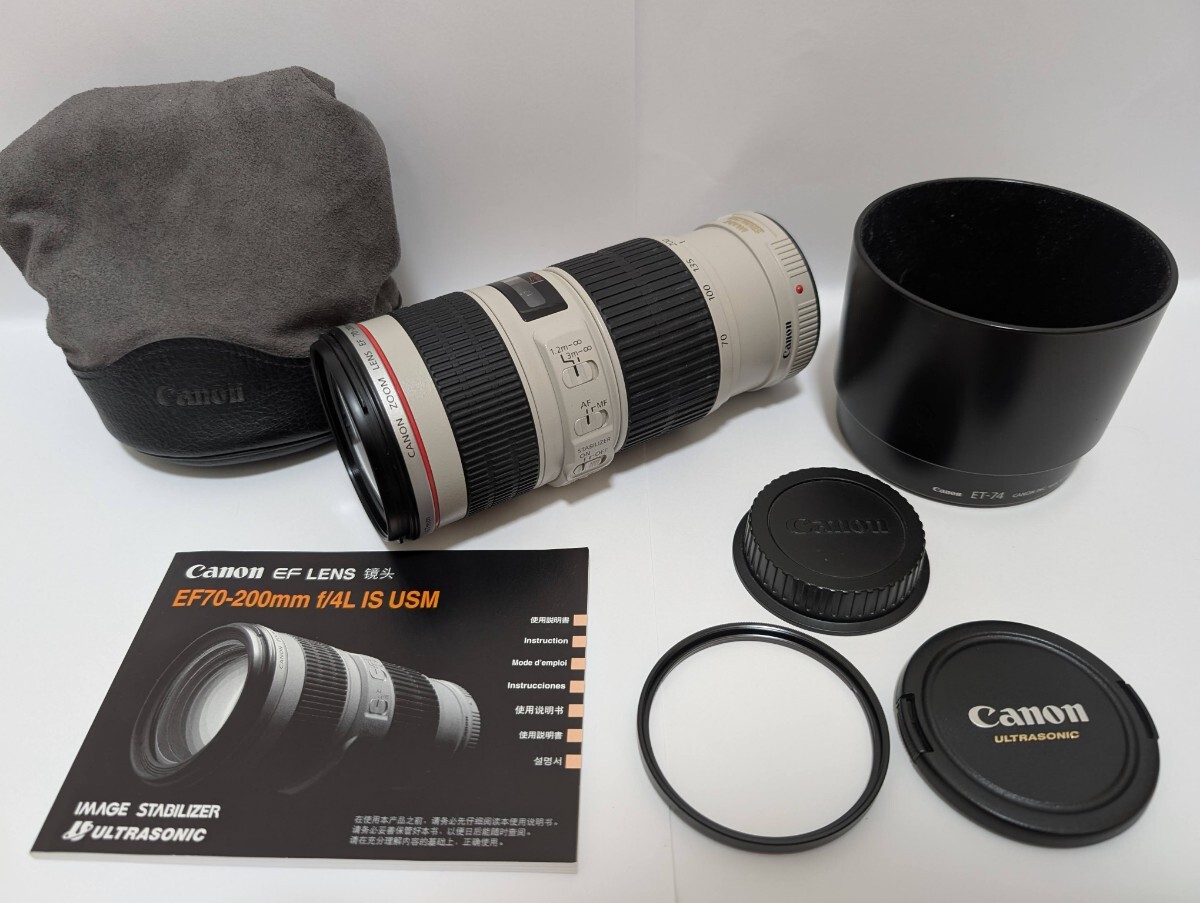 Canon EF70-200mm F4L IS USM 望遠ズームレンズ 純正フード ET-74・ケース・説明書付 動作確認済み