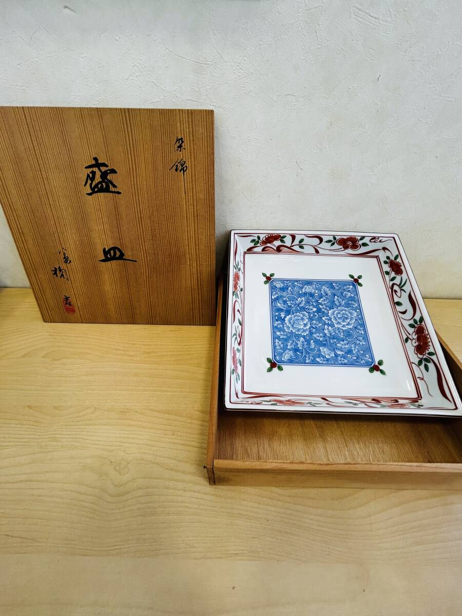 １円～　たち吉 染錦 牡丹文 角盛皿 共箱付き / 橘吉 大皿 正角皿 赤絵 染付 盛皿 飾皿 和食器 伝統工芸 京焼