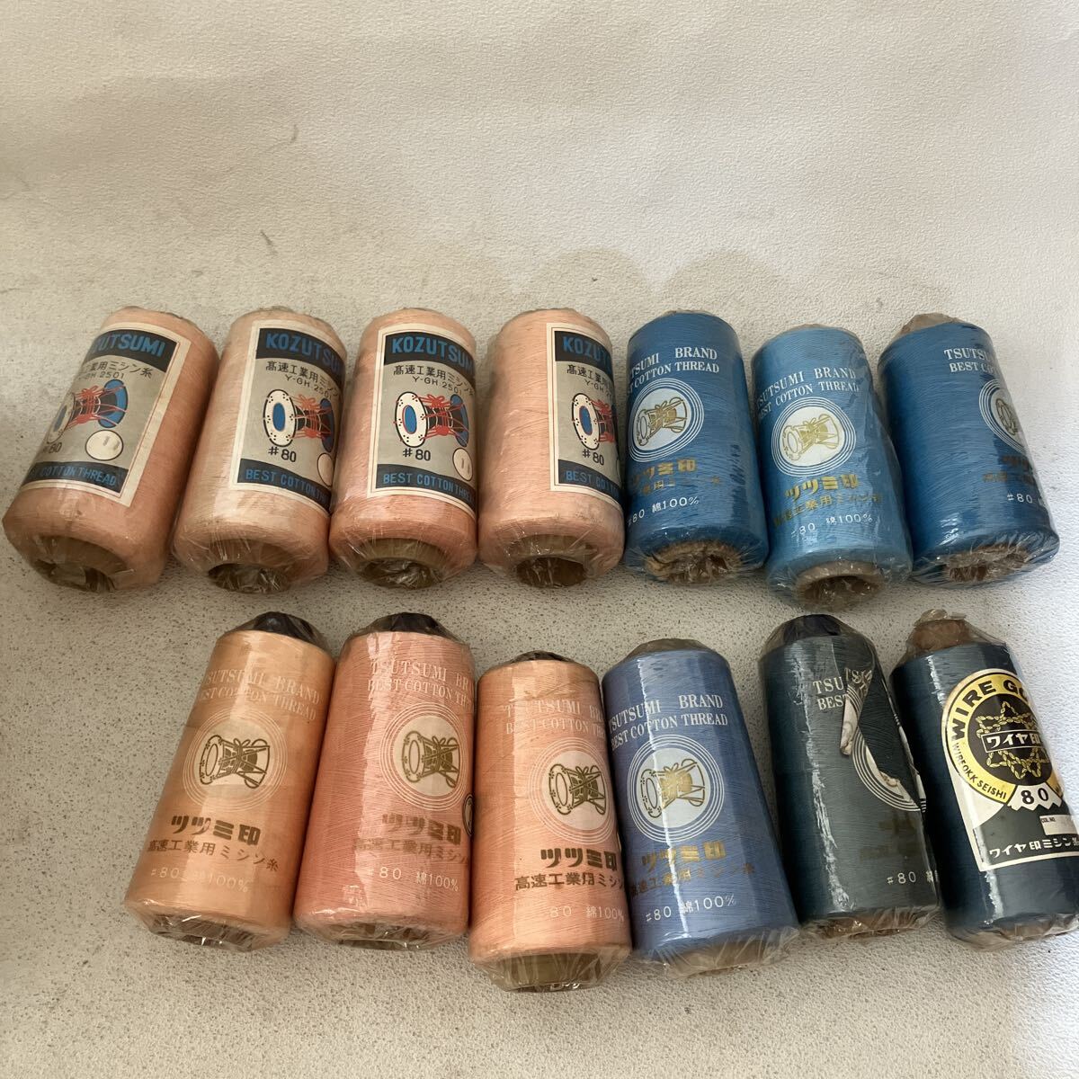 c975 60 昭和レトロ 工業用 ミシン糸 ツツミ印 ワイヤ印 KOZUTSUMI まとめて セット 長期保管品 汚れシミ フィルム剥がれ有り