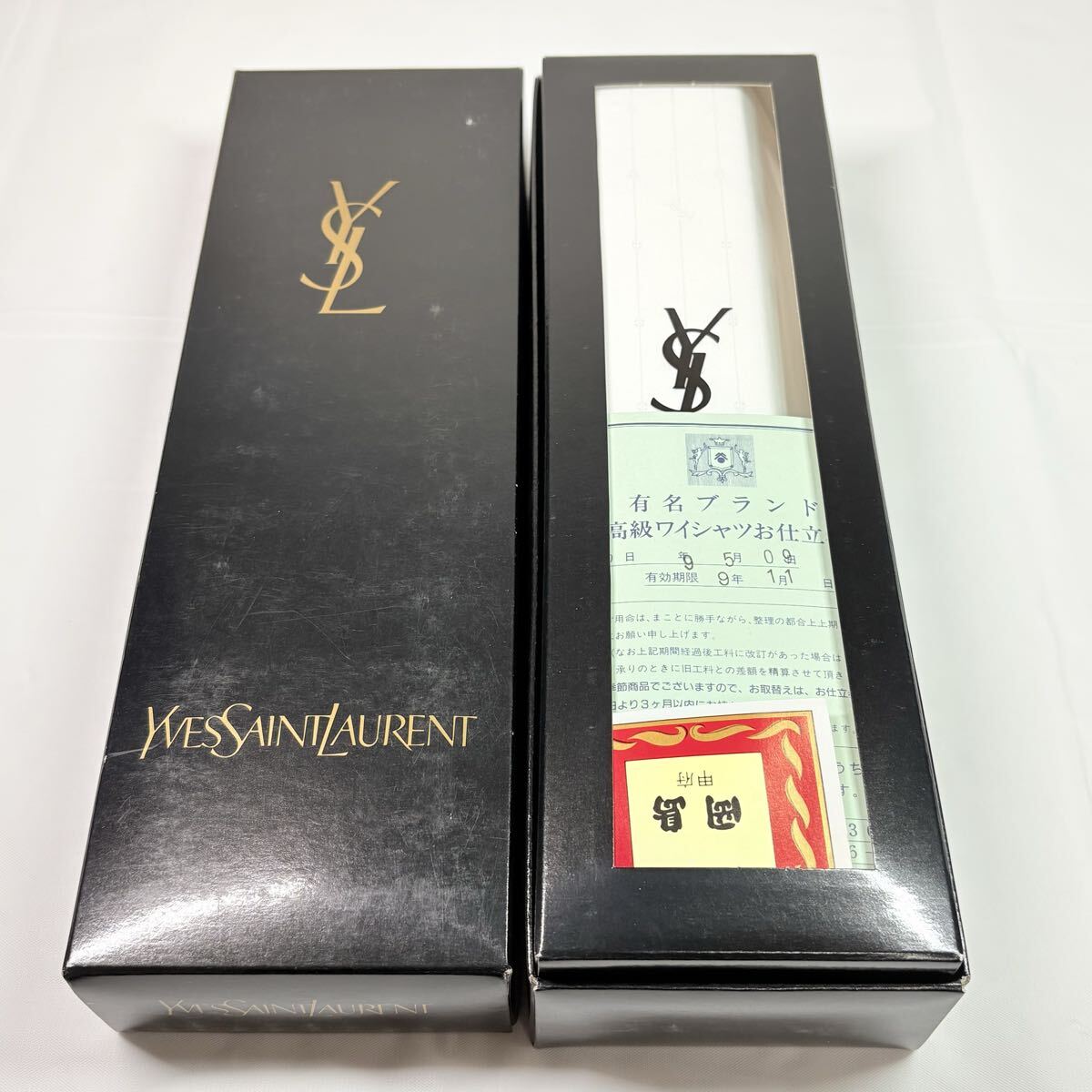 未開封品　イヴ・サンローラン　シャツ生地　仕立て券　期限切れ　YSLロゴ模様ストライプ　日本製　岡島　三越