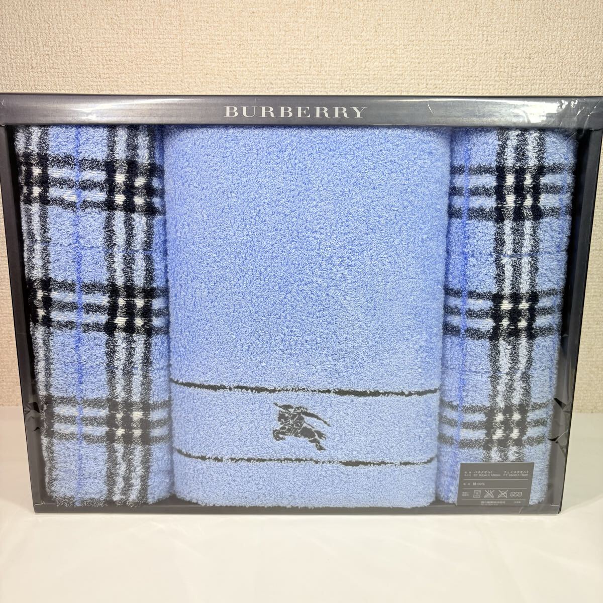 BURBERRY LONDON バーバリーロンドン　 バスタオル　 フェイスタオル２枚 ノバチェック　ブルー　 西川産業　日本製　タオルギフトセット