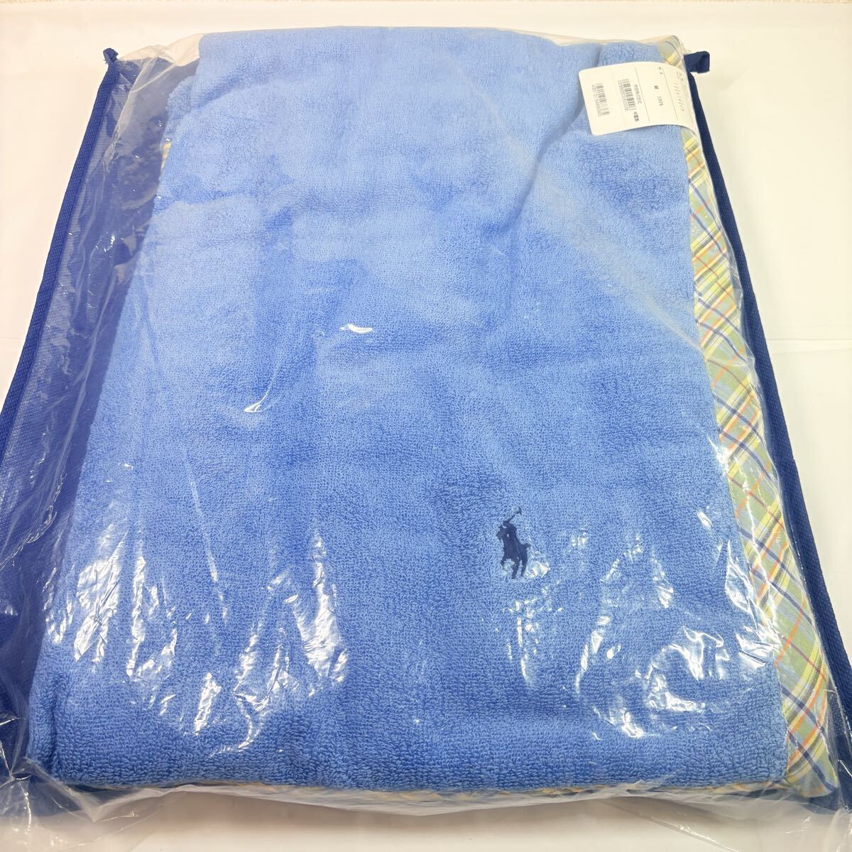 新品タグ付き　RALPH LAUREN ラルフローレン　ハーフタオルケット　100×140cm 綿　ブルー　サイドチェック柄