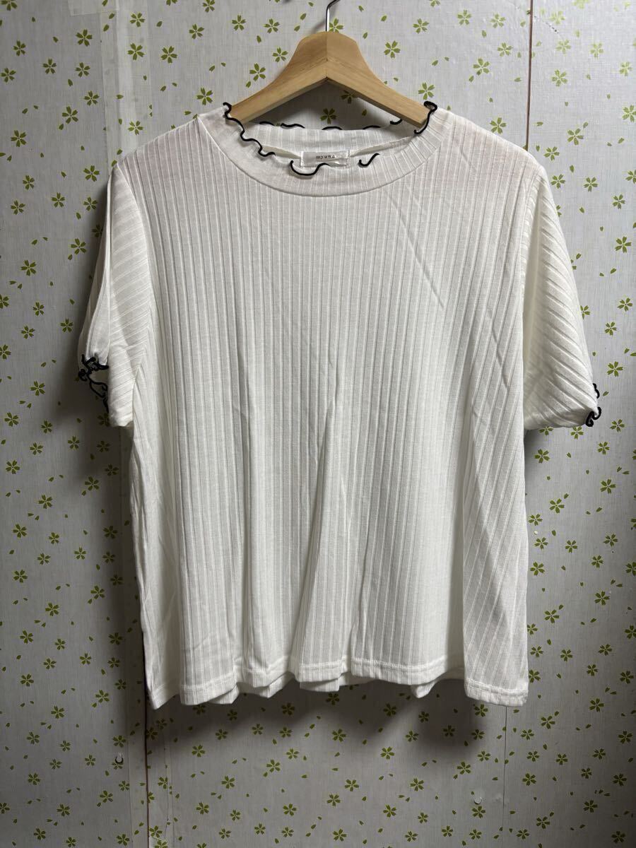4Lサイズ　myuwa 半袖 リブ メロウ Tシャツ ホワイト 半袖 ホワイト カットソー リブ トップス メロウフリル 半袖リブカットソー メロウ