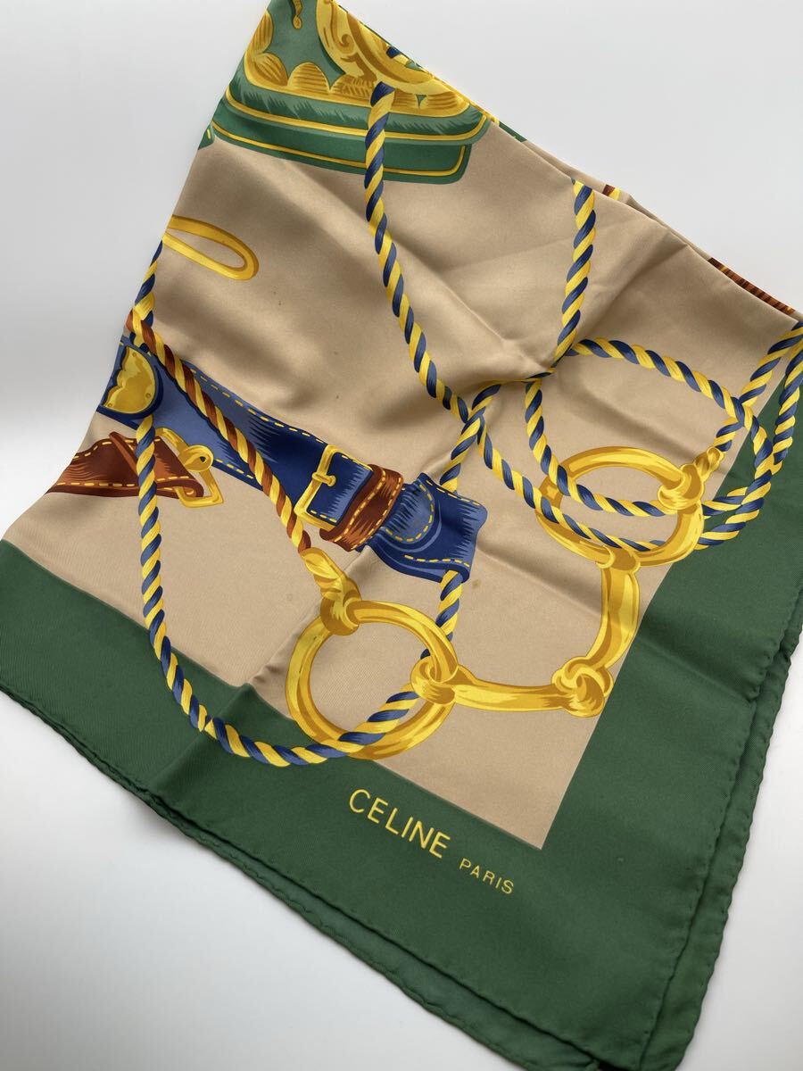 1円〜【希少/CELINE】セリーヌ スカーフ カレ 大判 馬具 ベルト柄 グリーン×ベージュ シルク ヴィンテージ 1円スタート