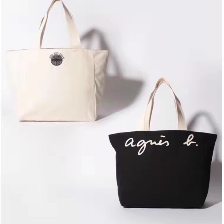 agnes b. アニエスベー リバーシブル トートバッグ キャンバス ロゴ ホワイト ブラック ハンドバッグ 大容量 帆布 レディース