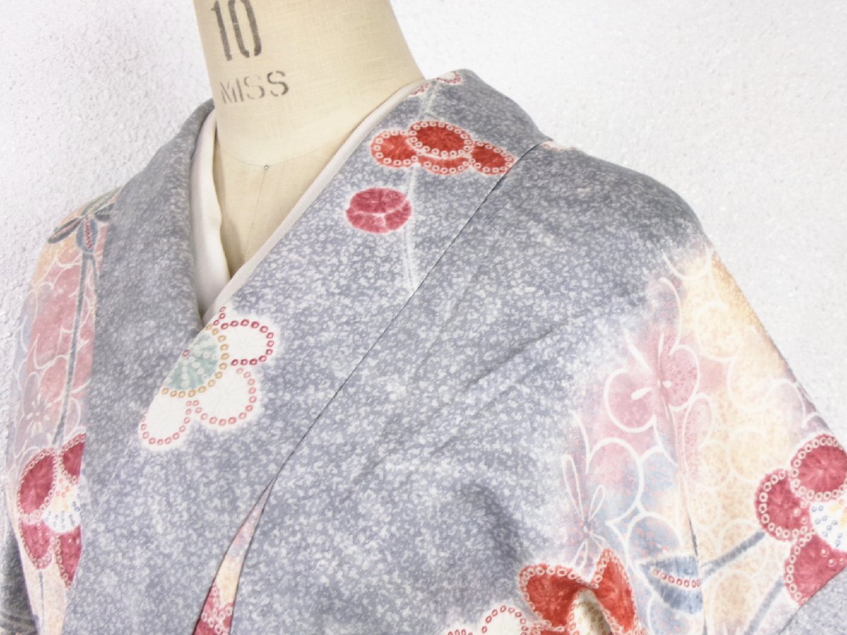 7290■ 美品 縞に揺れる桜のひとしずく 小紋 裄66 ■ひまわり