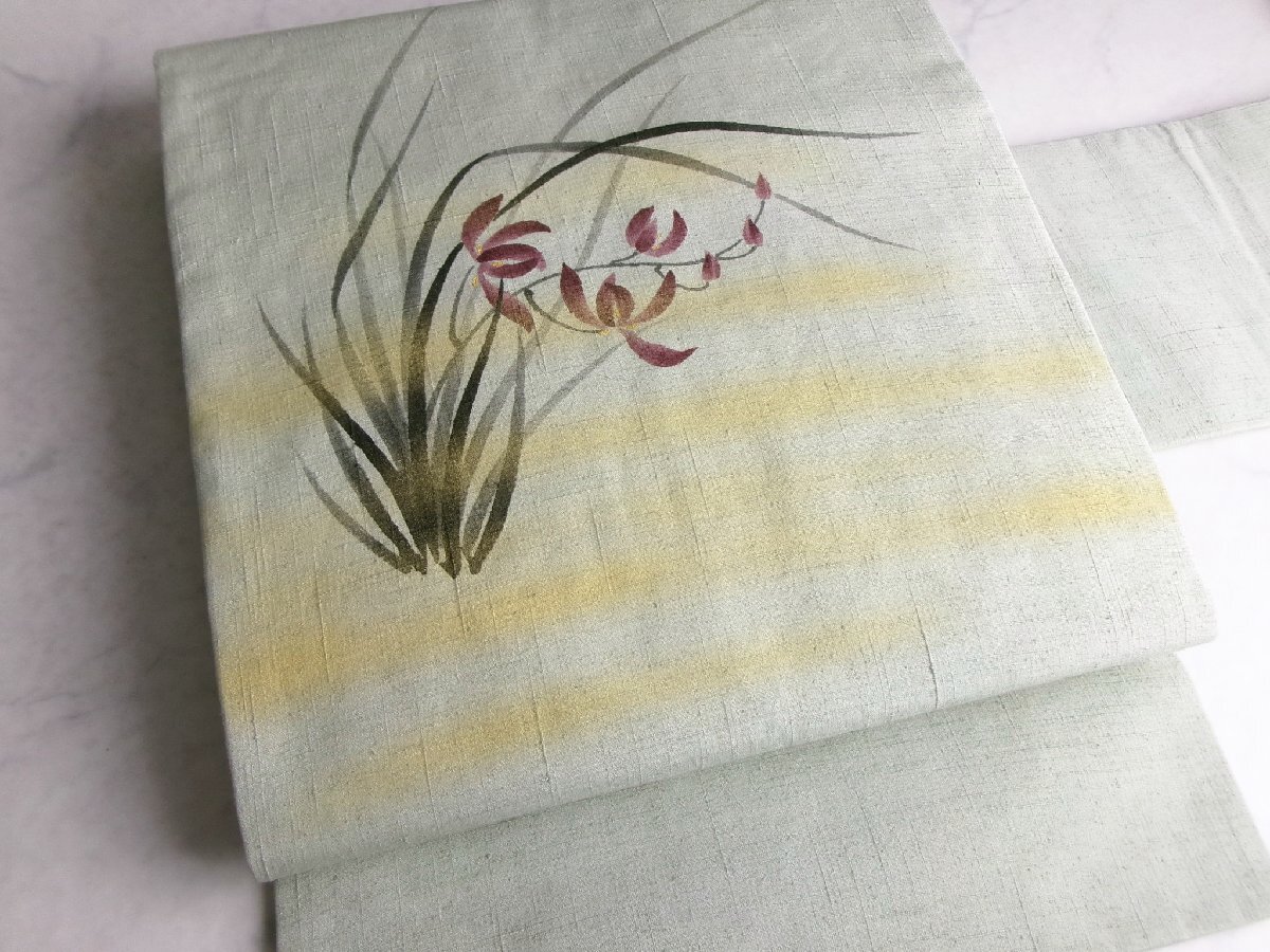 7353■ 美品 晴祥作 手描き染め 紬地 九寸名古屋帯 ■ひまわり