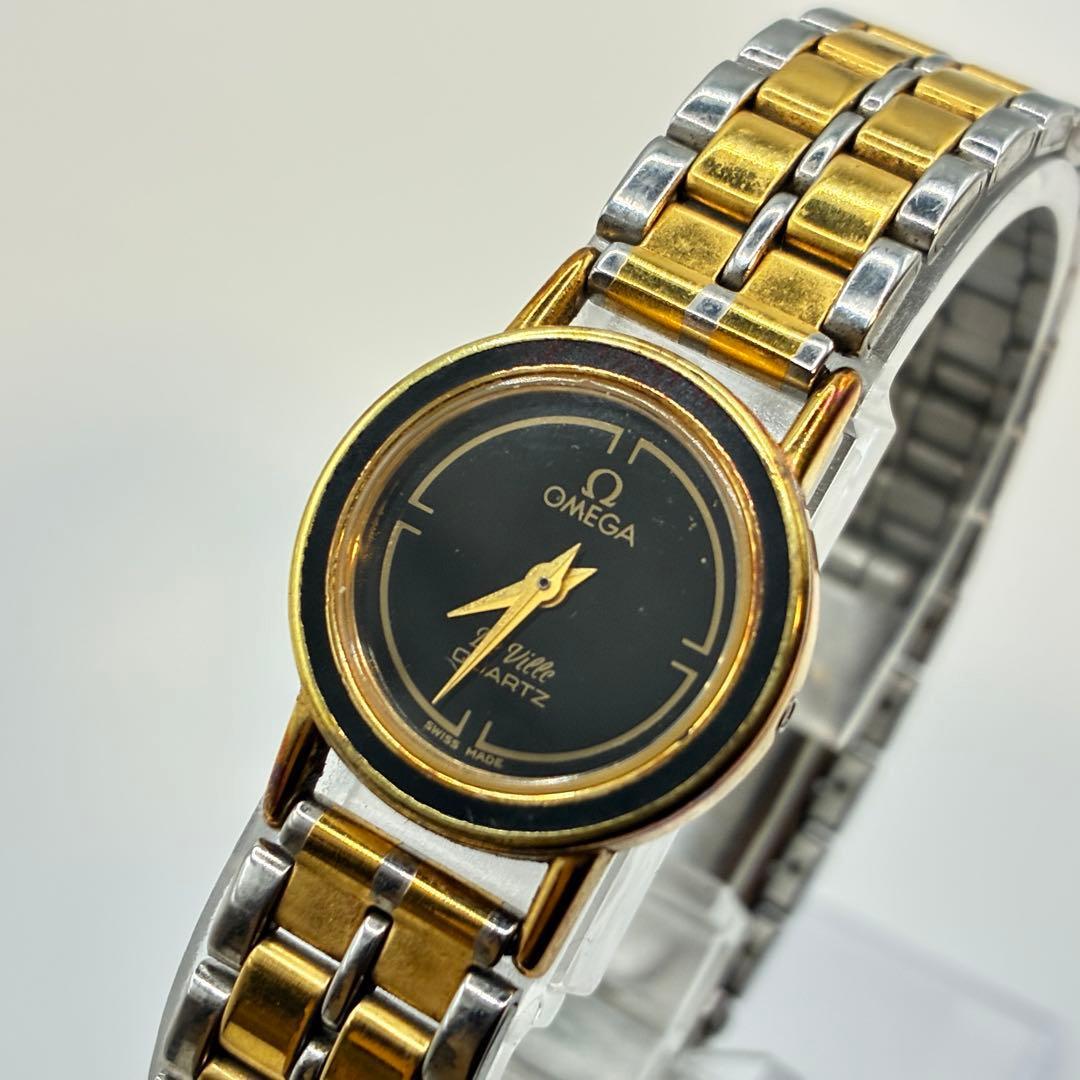 美品 稼働【OMEGA オメガ】腕時計 De Ville コンビ ゴールド シルバー 文字盤黒 ロゴ◎洗練されたラグジュアリー!!!◎レディース クォーツ