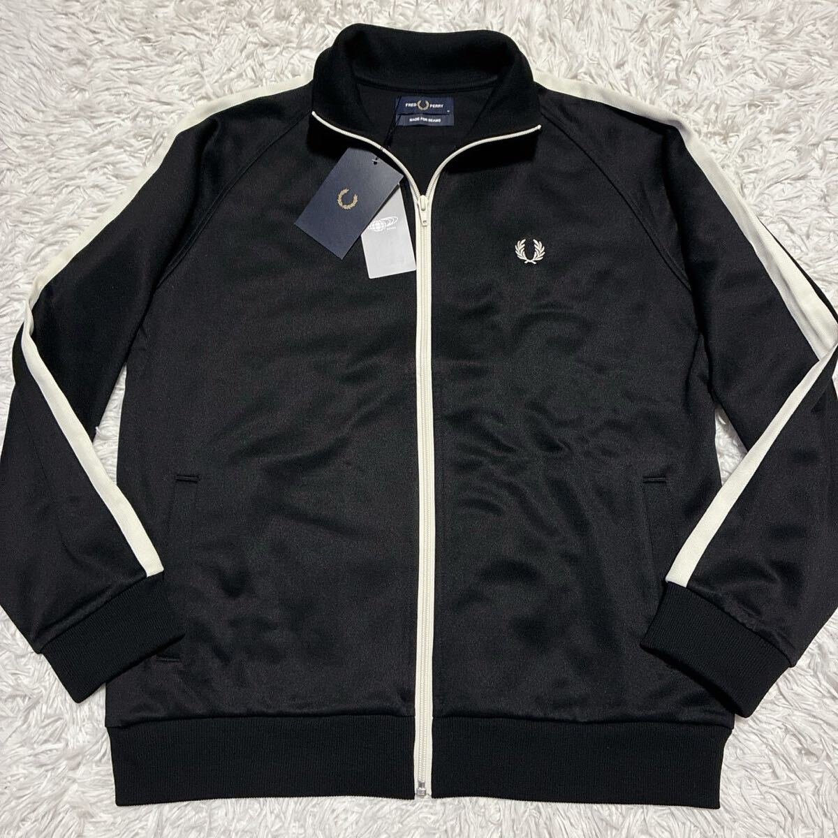 FRED PERRY【未使用タグ付!!!BEAMS別注!!!刺繍ロゴ!!!】フレッドペリー トラックジャケット ジャージ スポーツ ライン 黒 ブラック メンズ