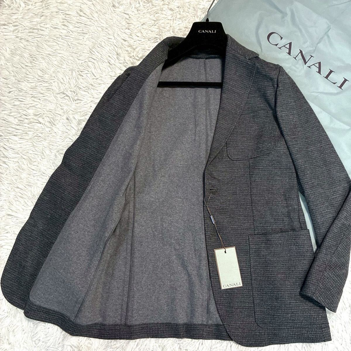 CANALI【未使用タグ付!!格子柄!!極上ストレッチ!!】カナリ テーラードジャケット グレー 伊製◎専用衣類カバーハンガー付!!◎L相当 メンズ