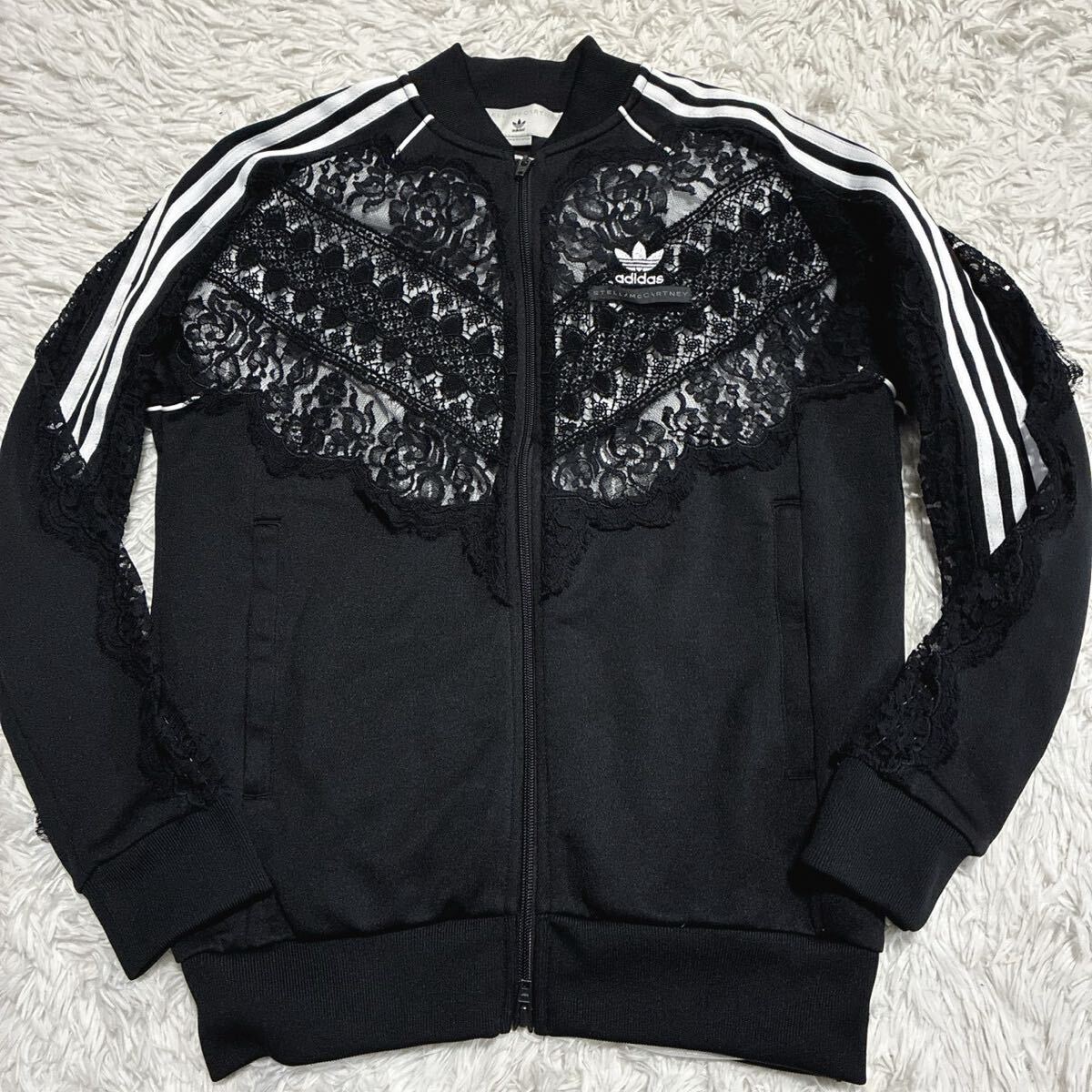 adidas Stella McCartney【希少コラボ!!!圧巻のディテール!!!】アディダス ステラマッカートニー 胸ロゴ レース 黒 ブラック レディース M