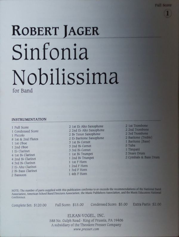 ジェイガー シンフォニア・ノビリッシマ (吹奏楽フルスコア) 輸入楽譜 Full Score Jager Sinfonia Nobilissima Elkan-Vogel 洋書