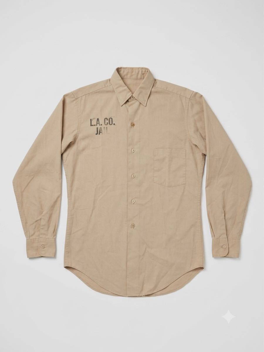 【超希少】70s L.A. CO. JAIL プリズンシャツ 米軍実物 1974年 ヴィンテージ ステンシル アーミータン 囚人服 14×31 オリジナル USA